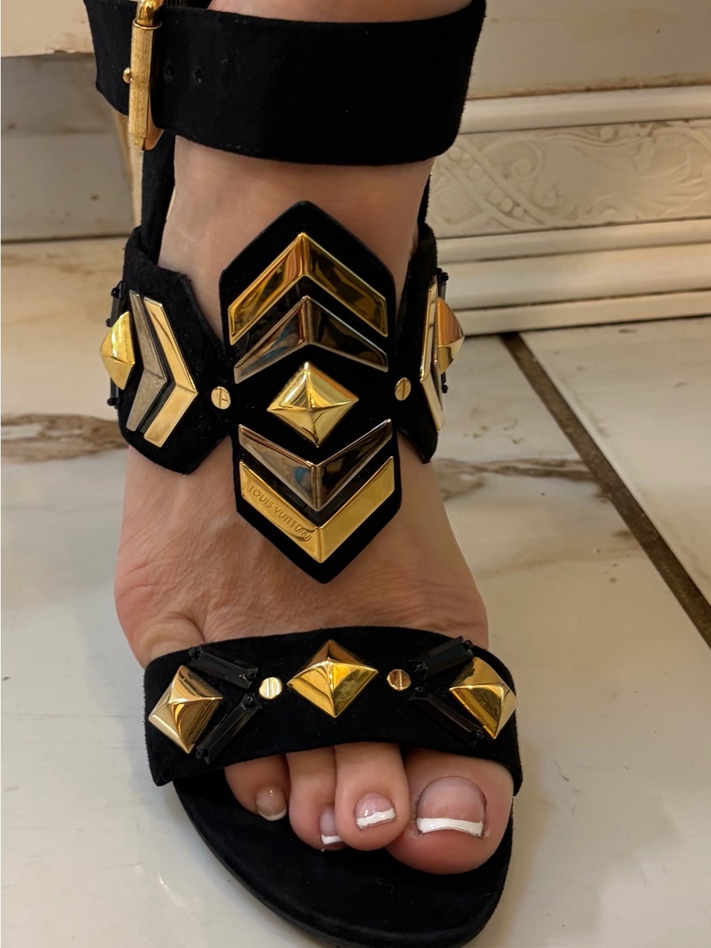 Louis Vuitton Black Suede Gold-Studded Ankle Strap Heels
